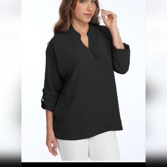 LIOR PARIS Blue/White BANDED COLLARNECK 3/4 ROLL TAB SLEEVE BLOUSE.FRIDA. Size S - Picture 2 of 11